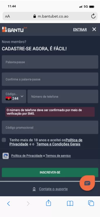 Criar Conta na Bantu Bet